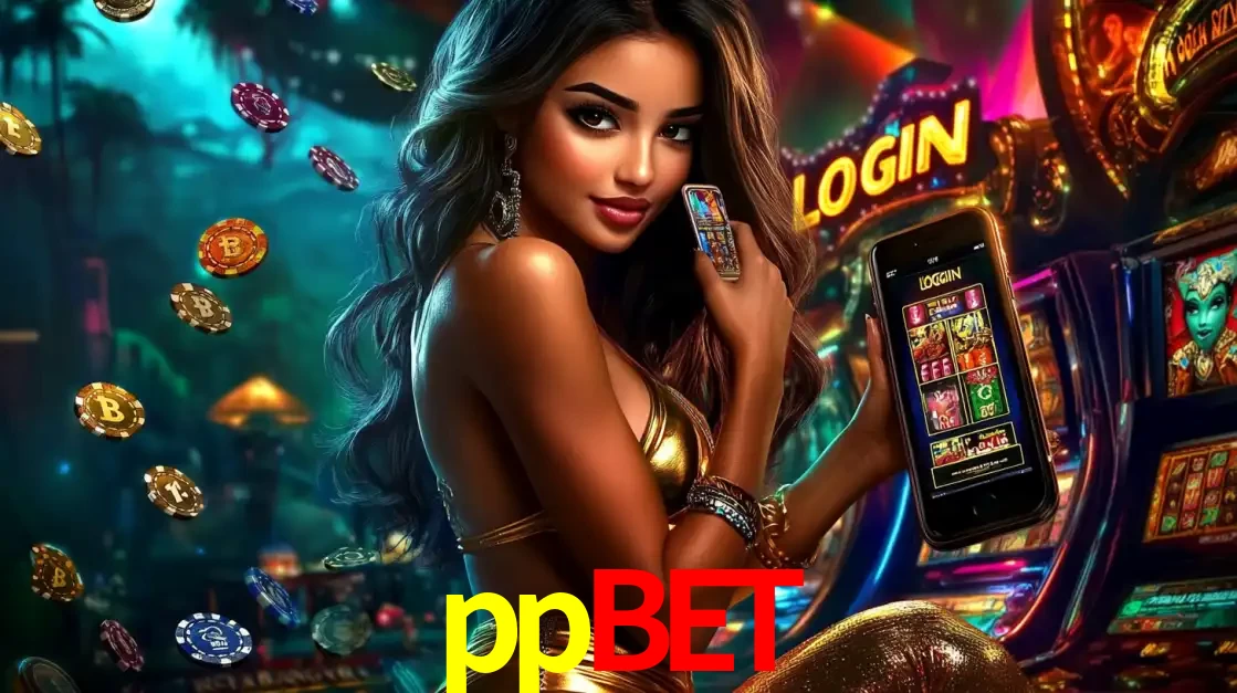 Mulher em um cenário de cassino temático de aventura, mostrando o app de caça-níqueis da ppbet no celular. Fichas de apostas flutuam ao redor.