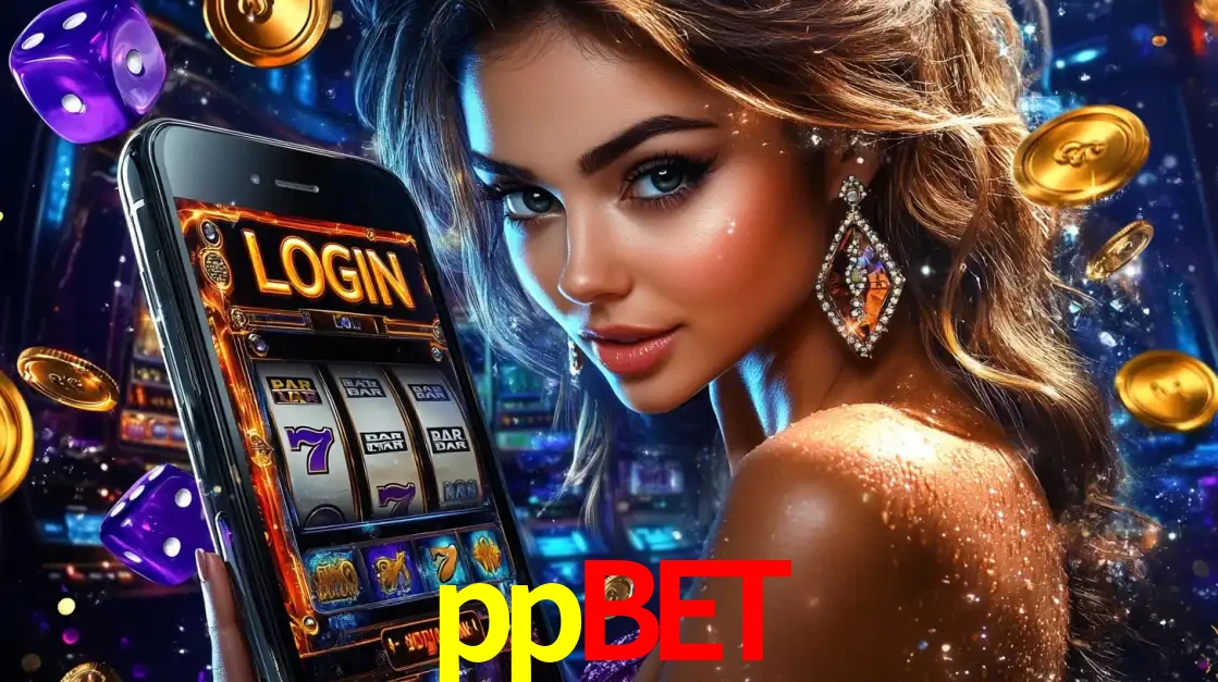 Mulher glamorosa segurando um smartphone com a tela de login para os jogos de caça-níqueis do cassino online ppbet, com moedas de ouro e dados ao redor.