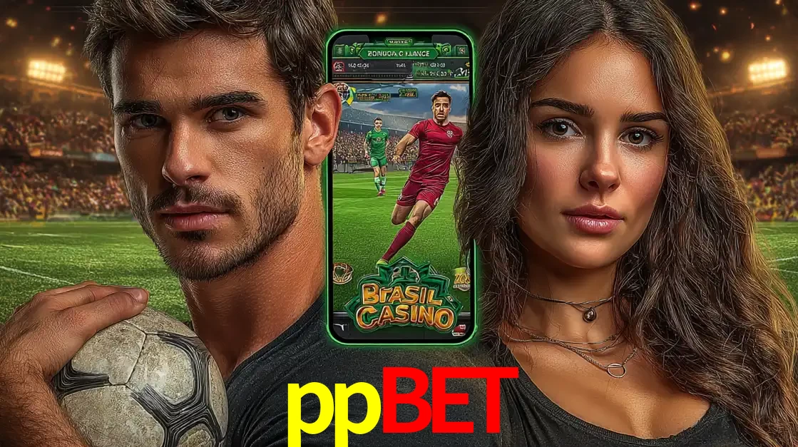 Homem segurando uma bola de futebol e uma mulher ao lado de um smartphone exibindo o jogo de apostas esportivas da ppbet. Faça seu palpite no cassino online.